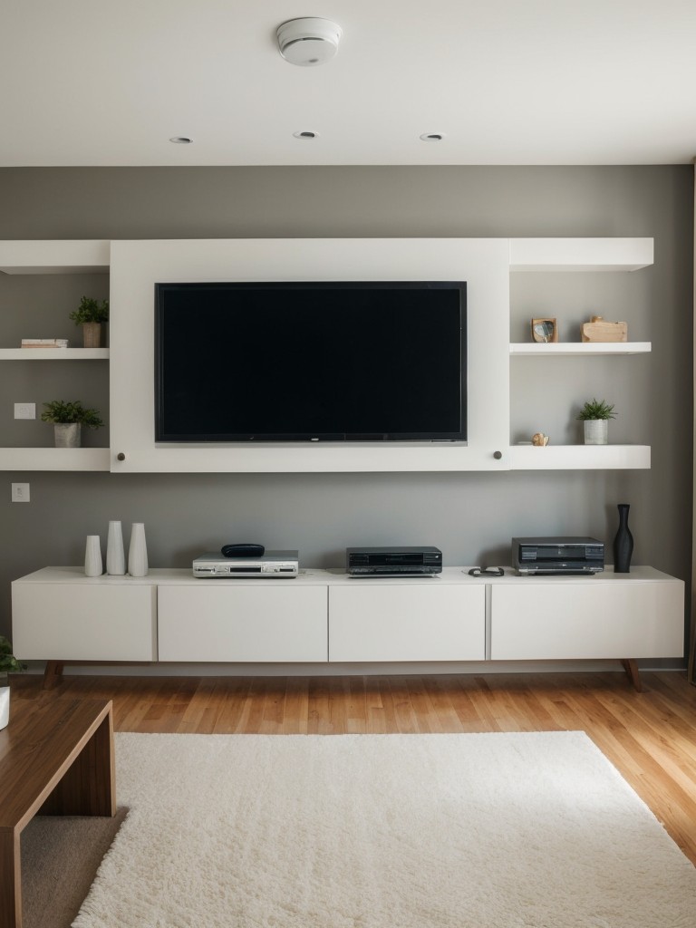 Install a wall-mounted television or projector to save space in your living room, and consider incorporating a media console with built-in storage for electronics and media.