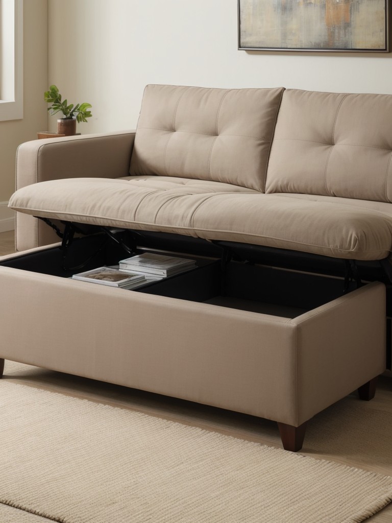 Maximize space with multipurpose furniture, such as a sofa that can convert into a bed or storage ottomans that double as coffee tables.