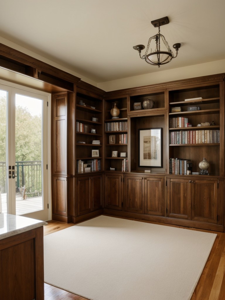 Utilize floor-to-ceiling bookcases or shelving units to add storage while showcasing your personal book collection or displaying decorative items.