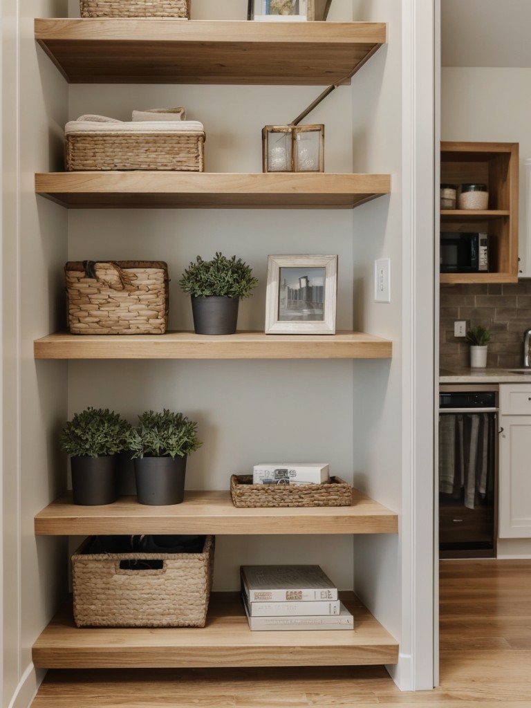 Incorporate floating shelves to display personal belongings and keep the floor space clutter-free.