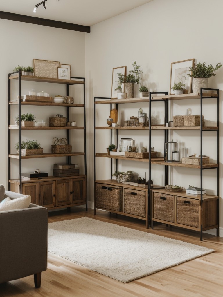 Use open shelving units to display decorative items and create a visually appealing focal point in the studio.