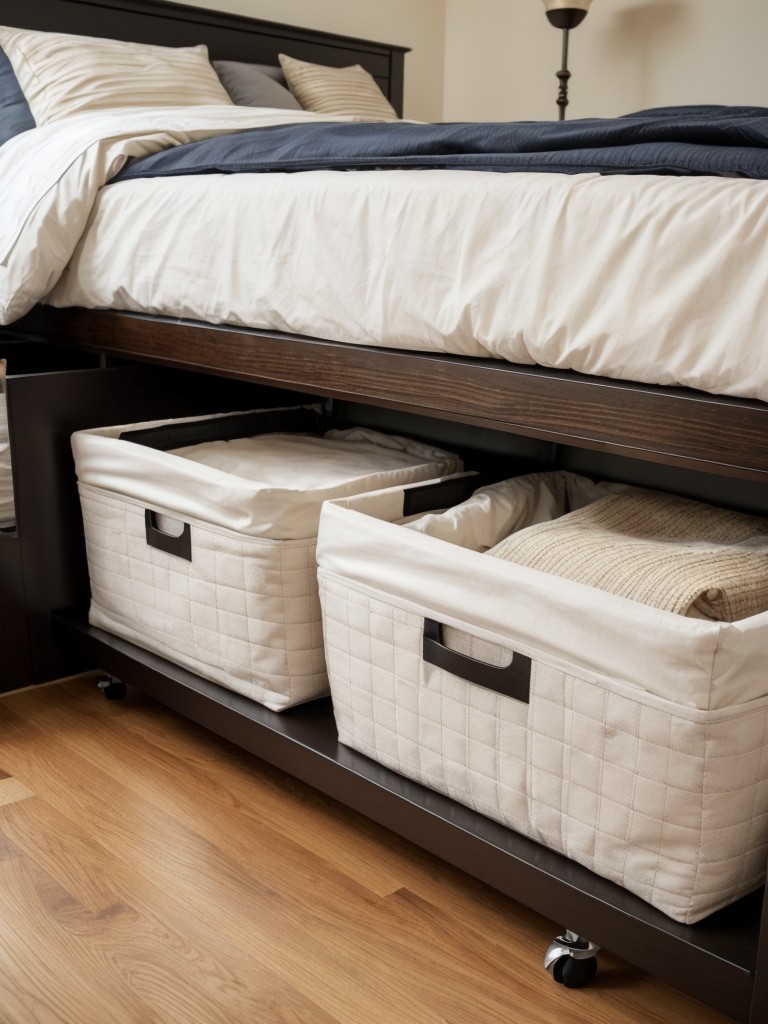 Utilize the area beneath the bed for additional storage by using rolling storage bins or installing a bed frame with built-in drawers.