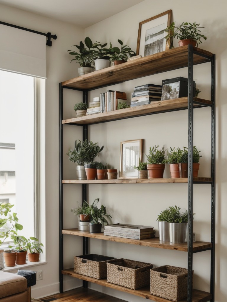 Incorporate open shelving to display decorative items, plants, or books, adding a personal touch to the apartment while keeping surfaces clutter-free.