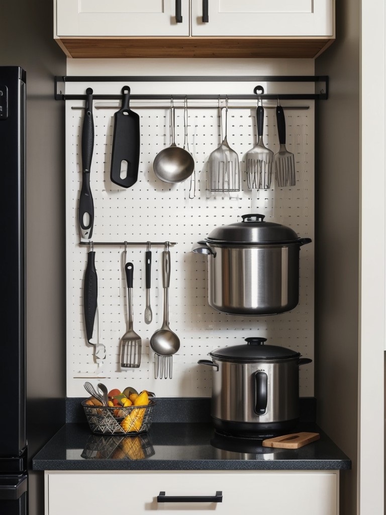 Install a pegboard or magnetic board in the kitchen to hang cooking utensils and other items, freeing up valuable drawer or cabinet space.