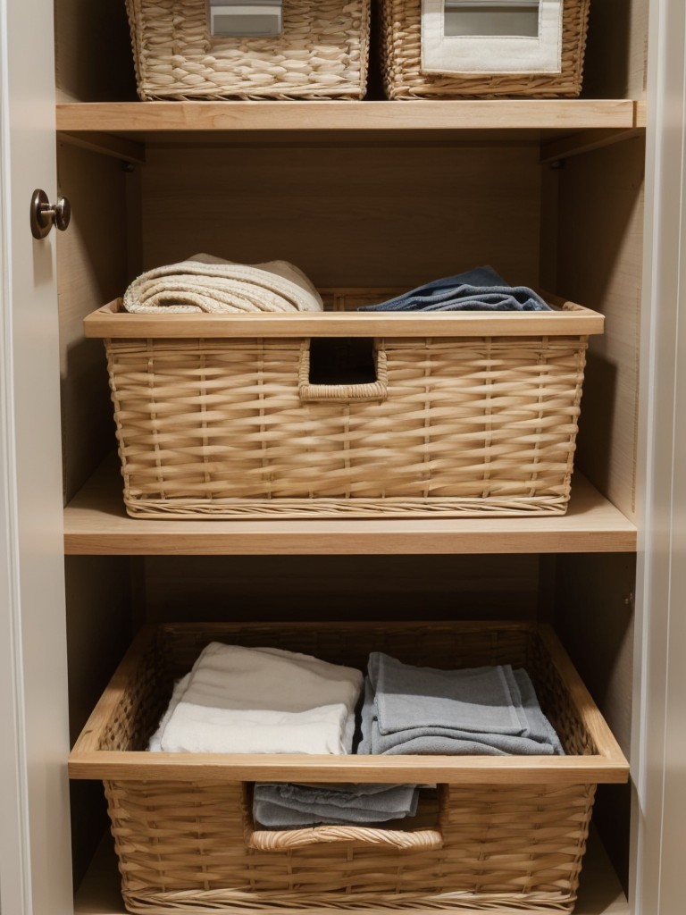 Use decorative baskets or storage bins to keep frequently used items organized and easily accessible while maintaining a tidy appearance.