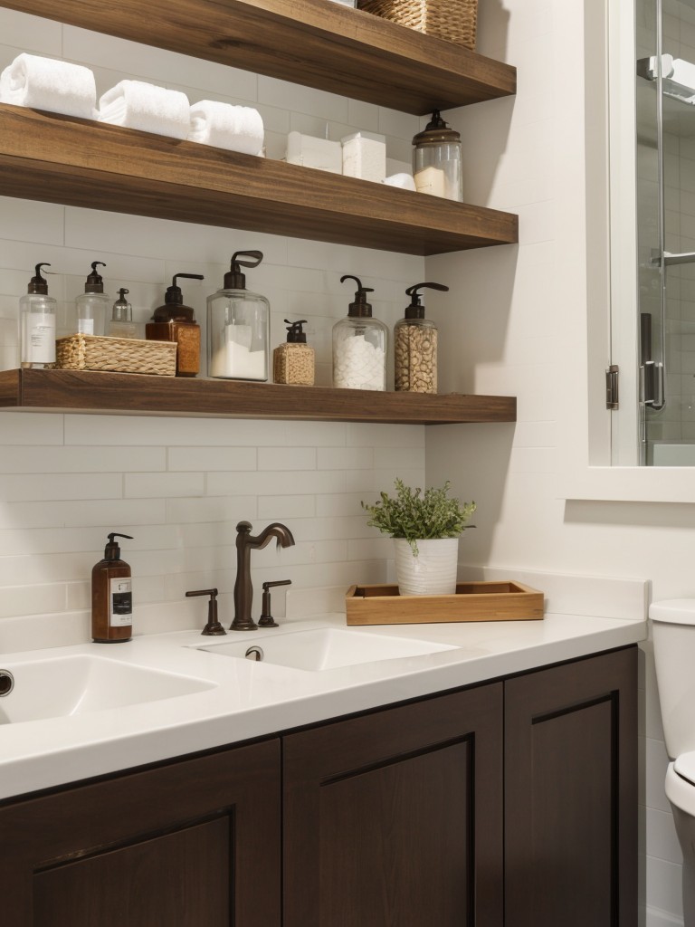 Utilize wall-mounted or floating shelves in the bathroom to save counter space and keep essentials organized and easily accessible.