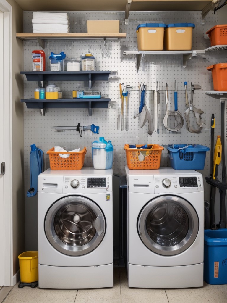Hang a pegboard in the garage or laundry room to organize tools, cleaning supplies, or other frequently used items.