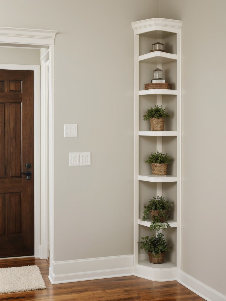 Install floating shelves above doorways or in unused corners to take advantage of every inch of wall space.