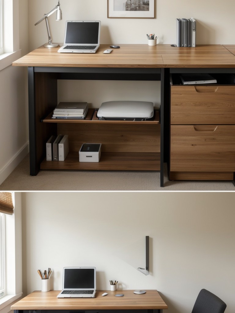 Install a fold-down desk or wall-mounted table in a small home office for a functional workspace that can be easily hidden away.