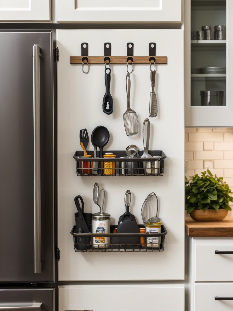 Install magnetic strips or hooks on the inside of cabinet doors to hang metal tools or kitchen utensils.