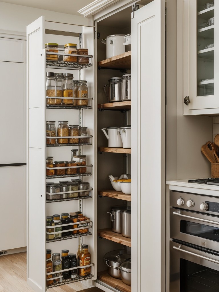 Maximize the space inside kitchen cabinets by using stackable storage containers or hanging racks for pots and pans.
