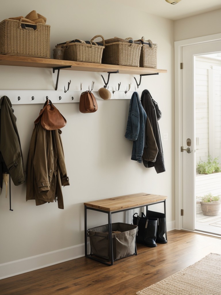 Use floating shelves with hooks or rods underneath for hanging coats, bags, or even bicycles in the entryway.