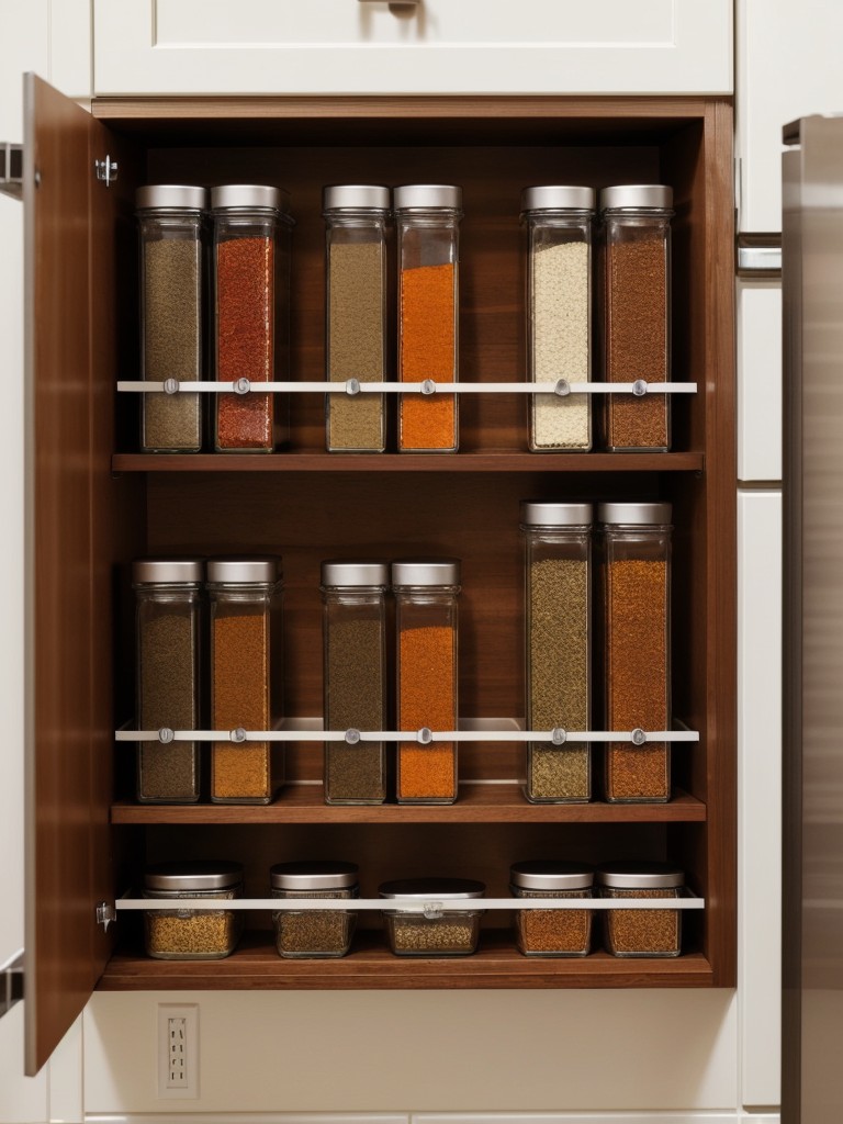 Use a magnetic knife strip or magnetic spice tins to hang and store kitchen utensils or spices, respectively.