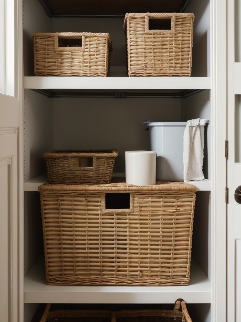 Use storage baskets or bins in open shelving units to keep items organized and visually appealing.