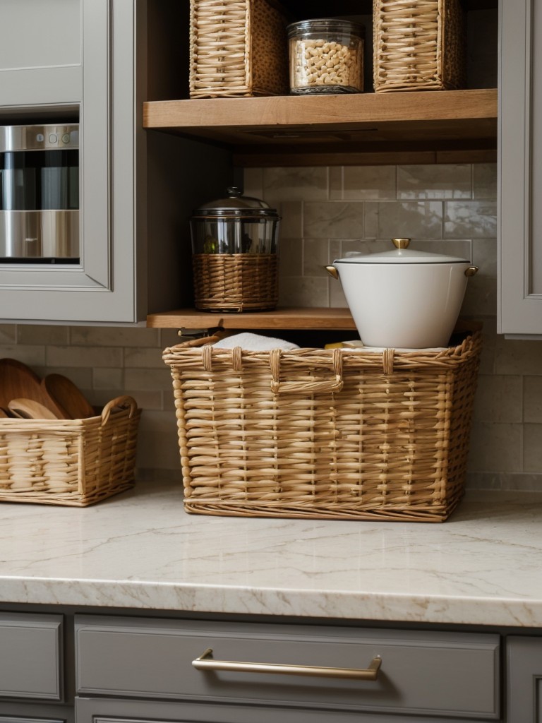 Utilize the area above kitchen cabinets by displaying decorative items or storing rarely-used items in decorative baskets.