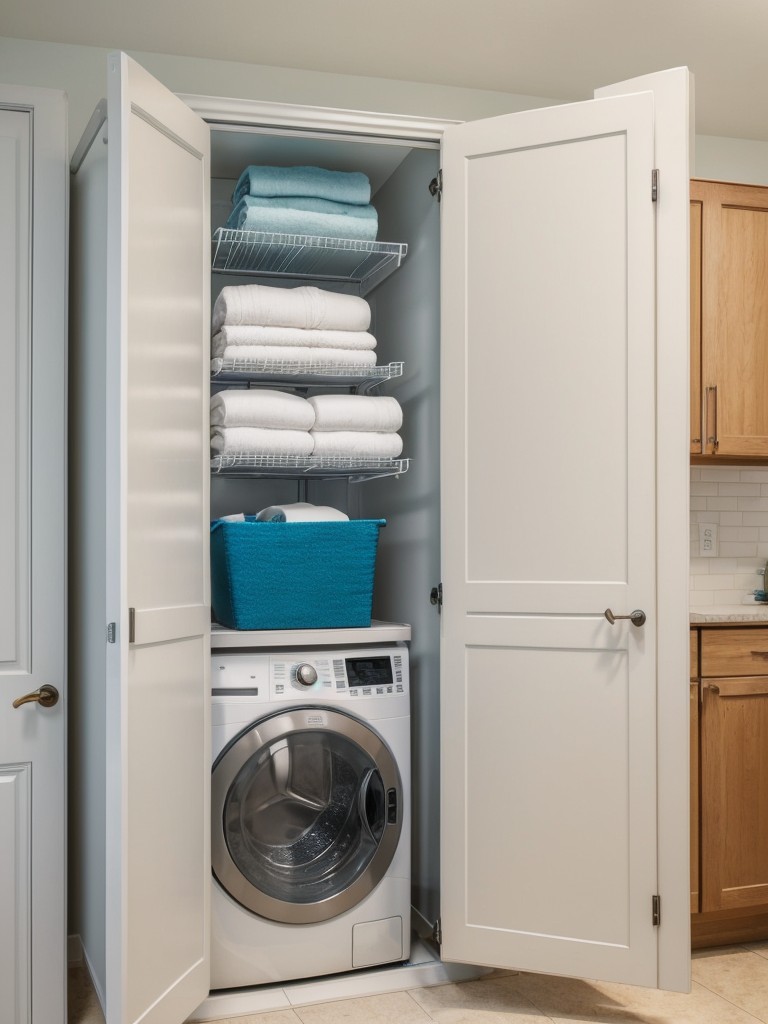 Utilize the space above laundry machines by adding shelves or cabinets for detergent, cleaning supplies, or folded clothes.