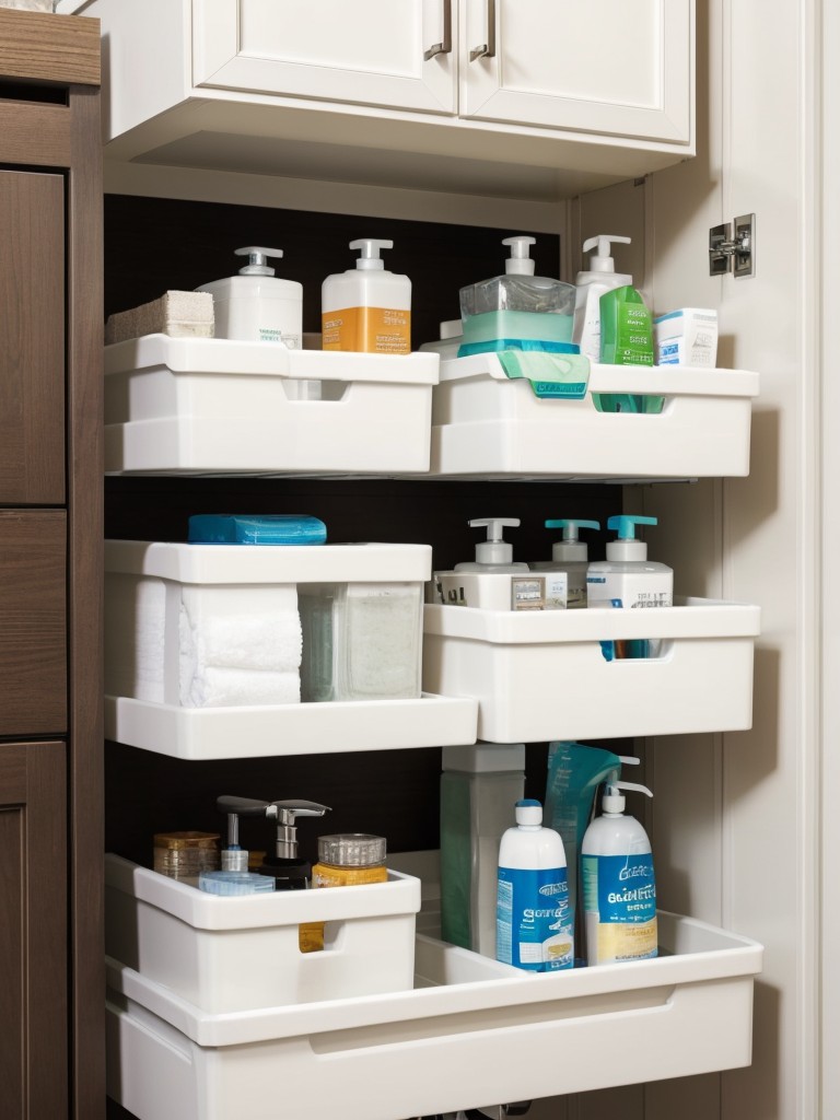 Utilize the space beneath bathroom sinks by adding stackable shelves or labeled storage bins to keep toiletries organized.
