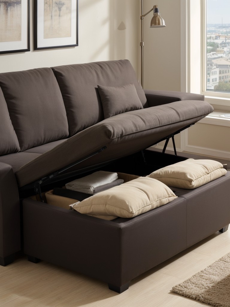 Sofas with built-in storage ottomans to optimize space and keep small apartments organized.