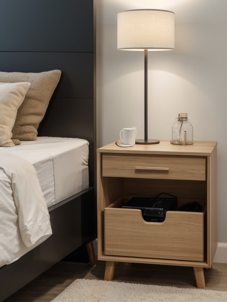 Bedside tables with built-in charging stations and hidden compartments for clutter-free living.