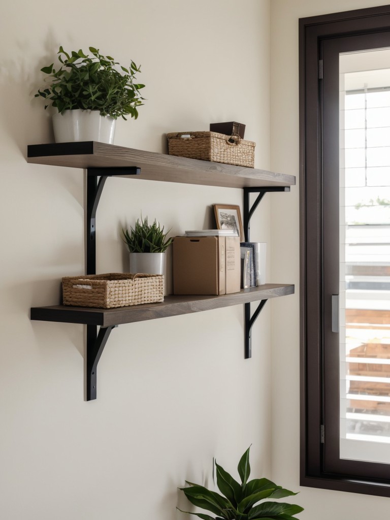 Floating shelves and wall-mounted storage units for displaying and organizing belongings.