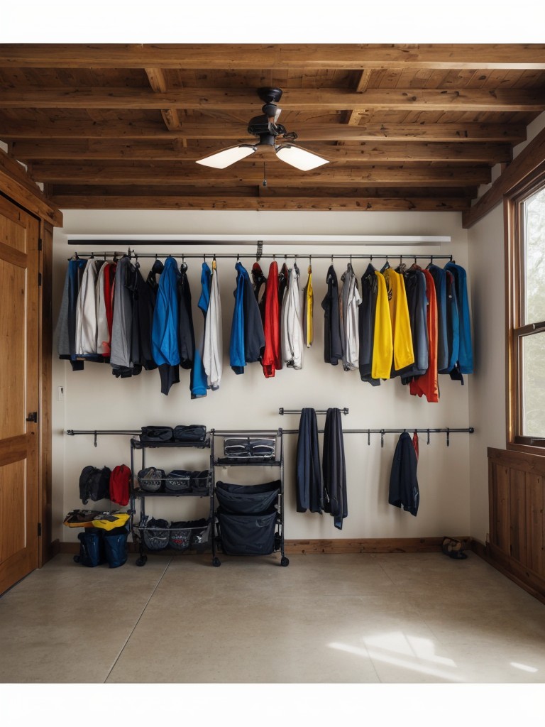 Hanging or ceiling-mounted storage for bikes, kayaks, or other outdoor gear.