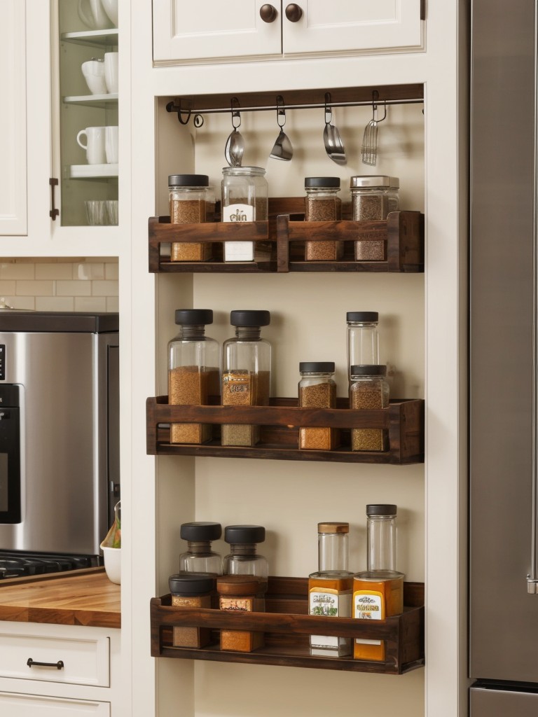 Hanging pot racks or wall-mounted spice racks to free up cabinet space in the kitchen.