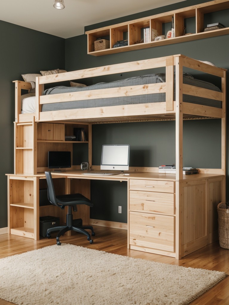 Loft beds with built-in desks or storage compartments underneath for compact workspaces.