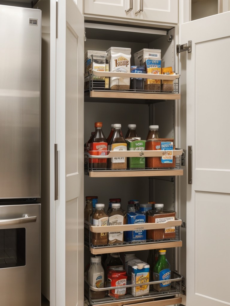 Pull-out pantry or slide-out storage solutions for narrow spaces between appliances.
