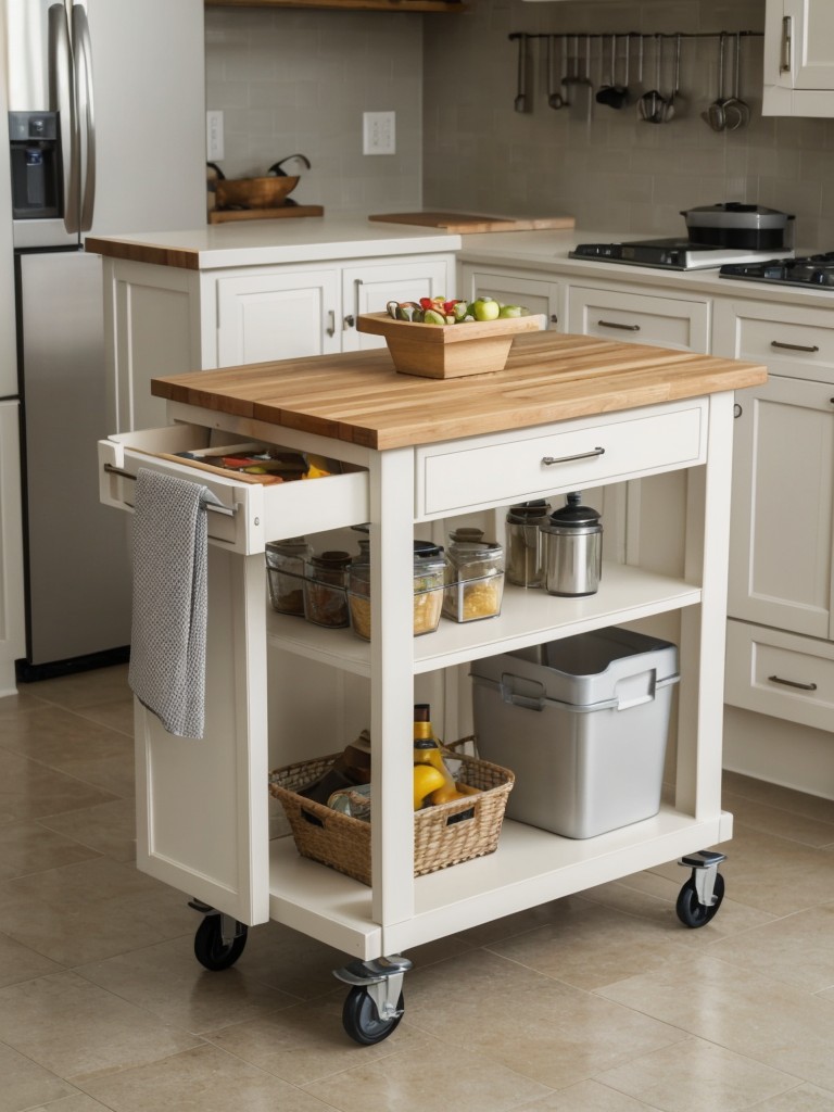 Rolling kitchen islands or carts that can be easily moved and offer extra storage and workspace.