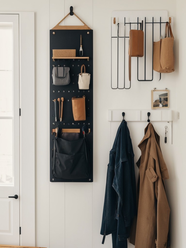 Wall-mounted hooks or pegboards for hanging coats, bags, and other daily essentials.