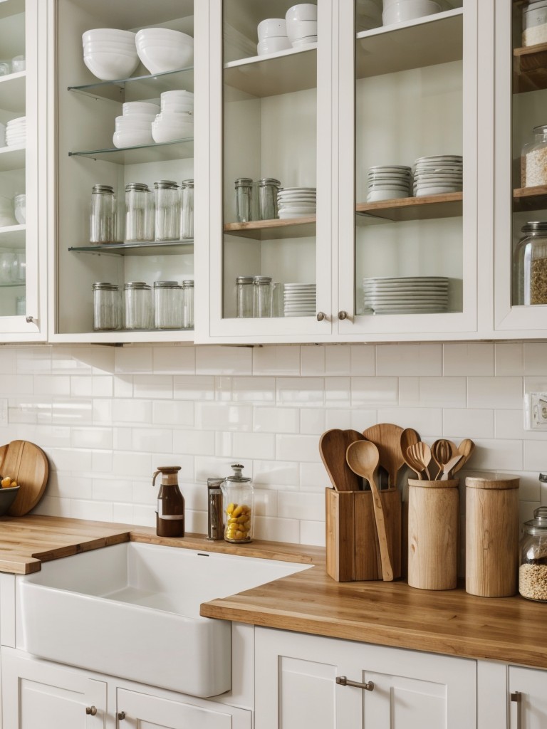 Consider using open shelving instead of upper cabinets to create an airy and open feel in the kitchen.