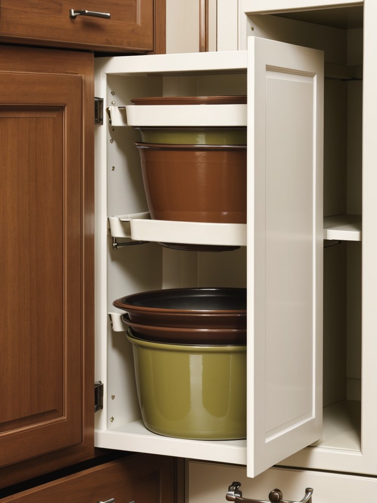 Hang a pot lid rack on the inner side of a cabinet door to keep lids organized and easily accessible.