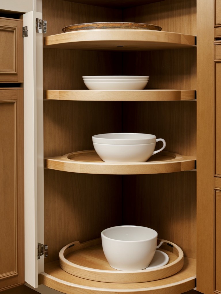 Install corner shelves or a lazy Susan in corner cabinets to maximize storage in hard-to-reach areas.