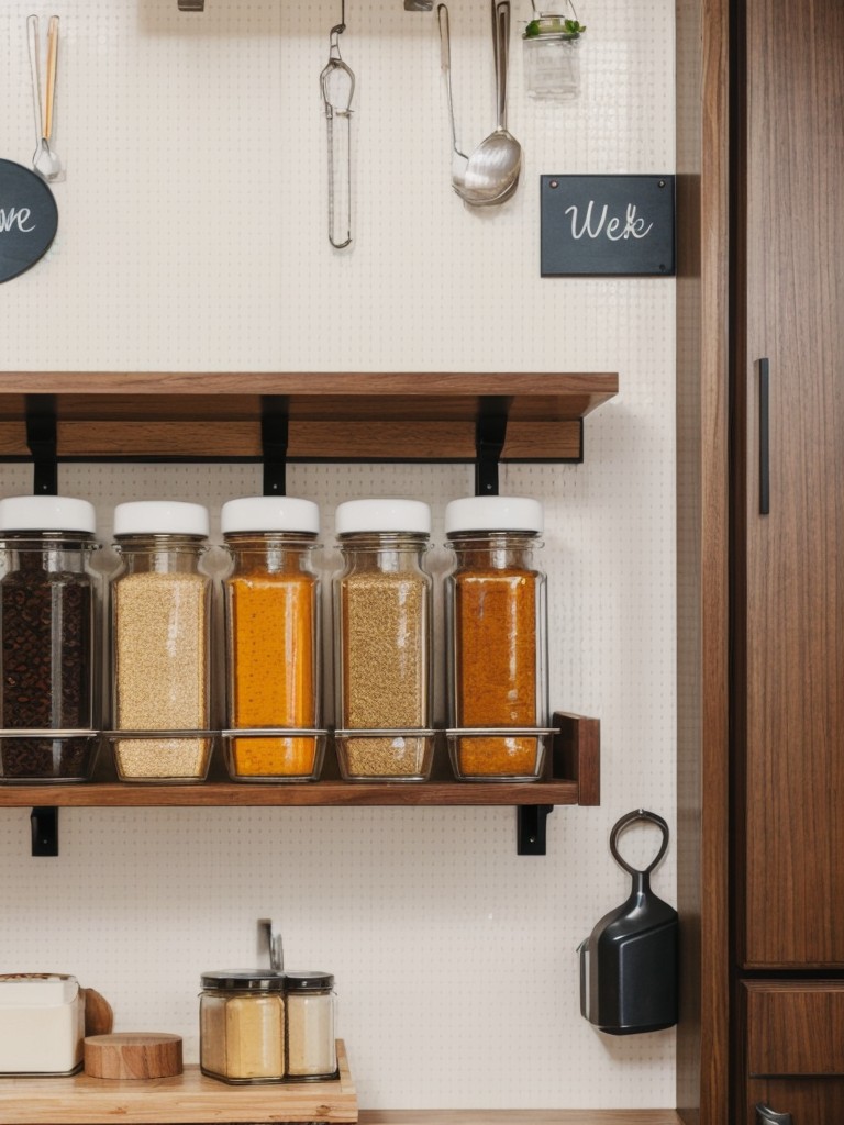 Install a pegboard or magnetic board on the inside of cabinet doors to store spices and small jars.