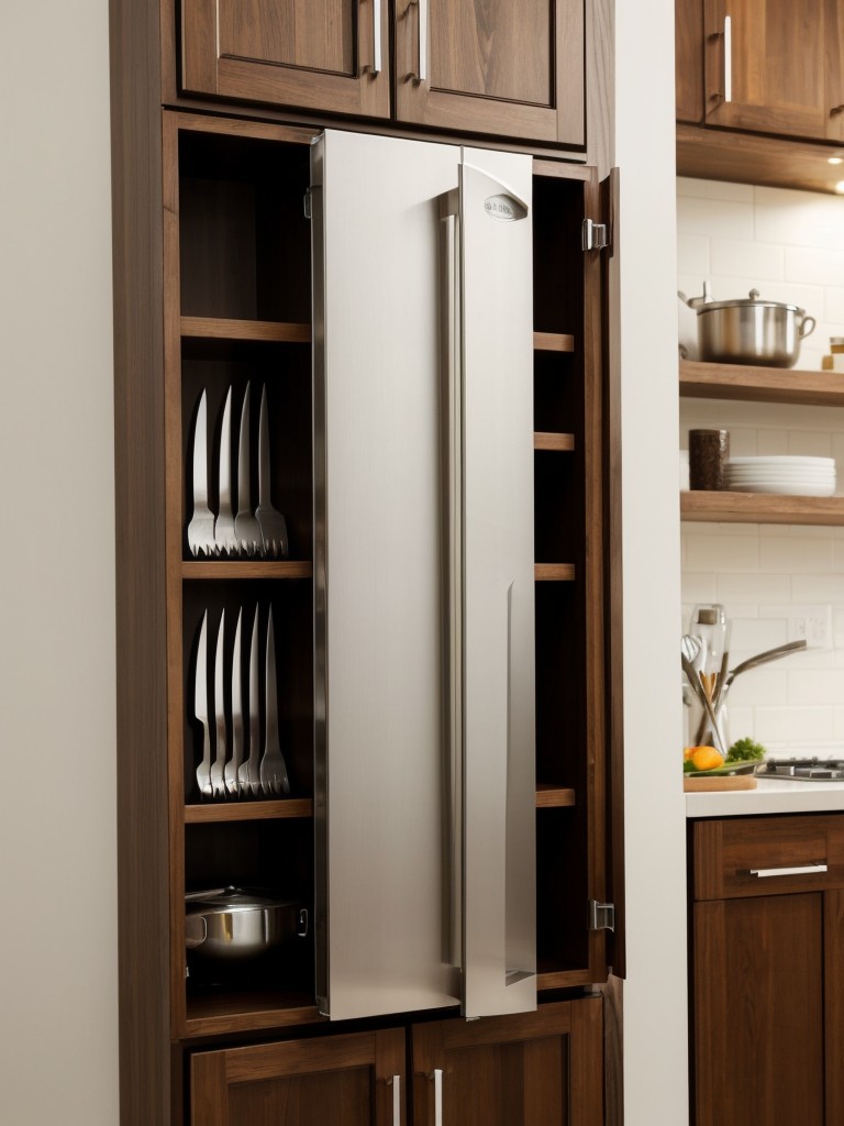 Use a magnetic knife strip on the side of a cabinet to free up counter space by storing knives vertically.