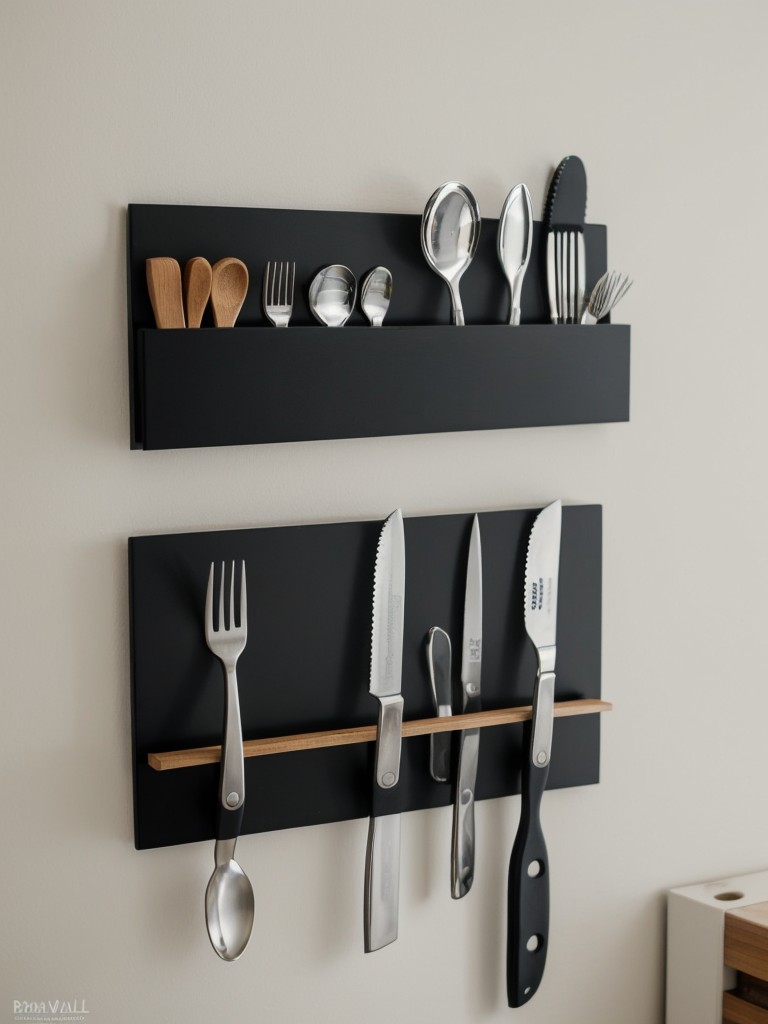Use magnetic strips or hooks to display knives and other metal utensils on the wall.