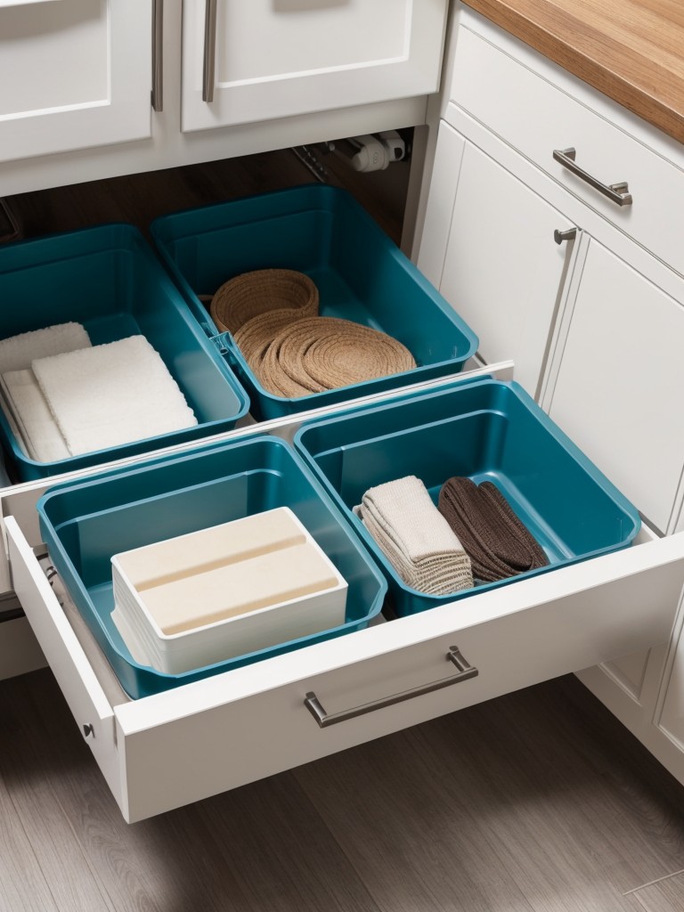 Utilize the space under the sink with organizing bins or a sliding drawer system.