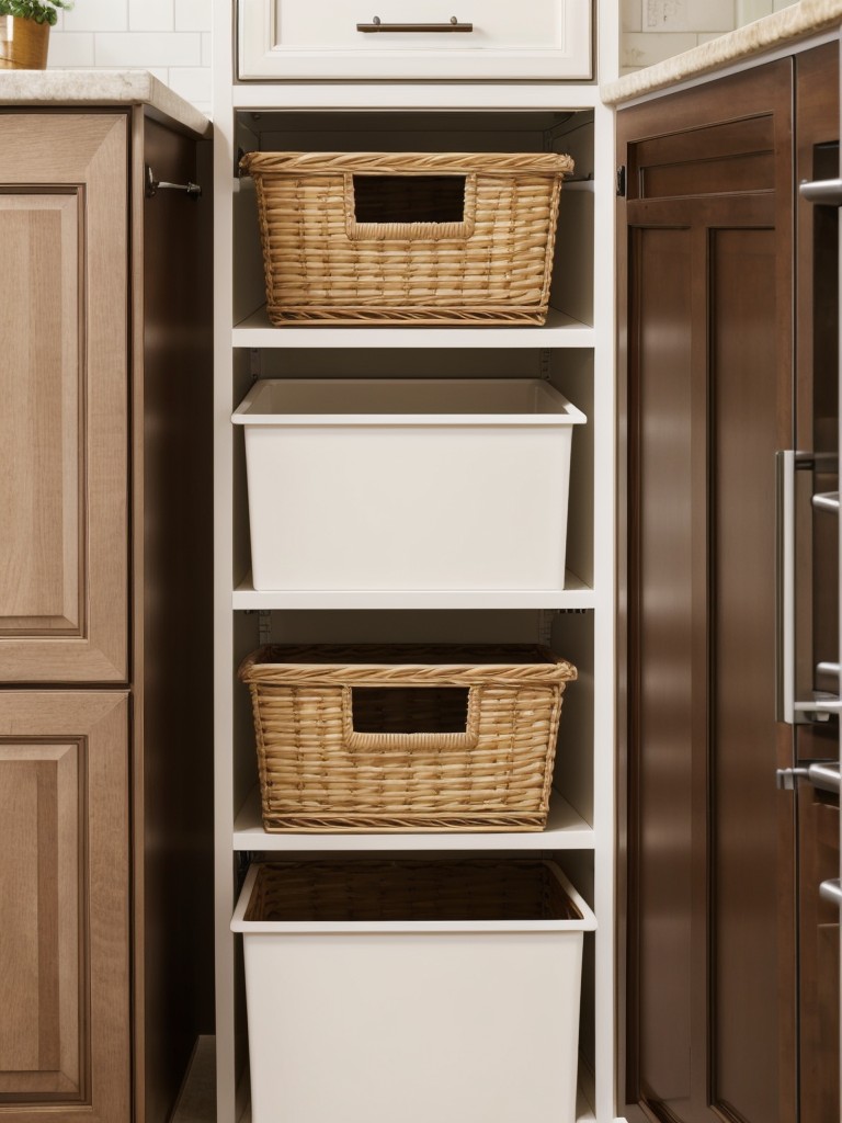 Utilize unused vertical space above cabinets with decorative baskets or bins for storing less frequently used items.