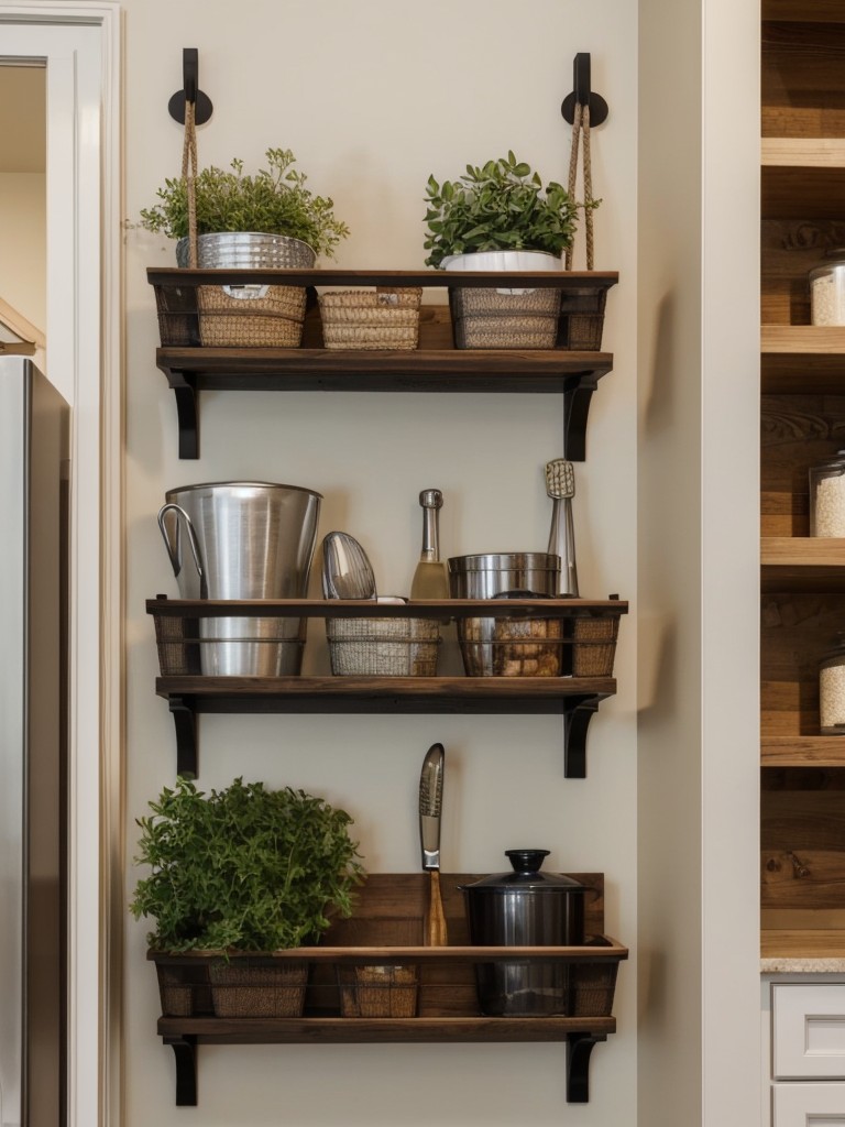 Utilize vertical storage with wall-mounted shelves or hanging pot racks.