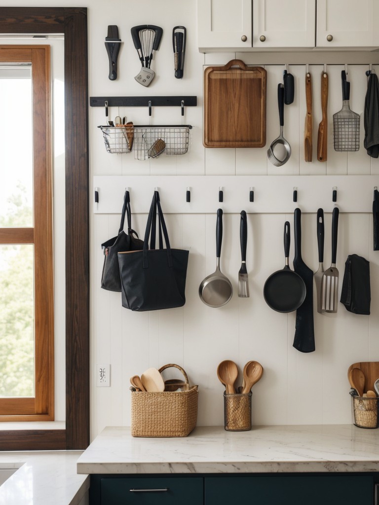 Install hooks or pegboards on walls to hang items like bicycles, bags, or kitchen utensils.