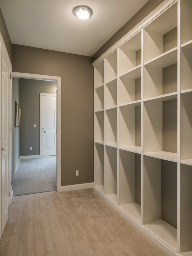 Take advantage of unused wall space in hallways or corridors by installing narrow shelves or cubbies.