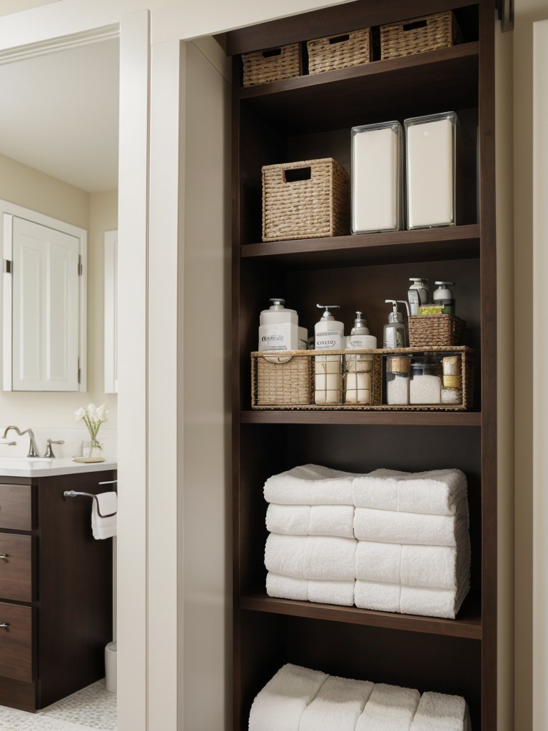 Utilize the space above the bathroom door by installing a shelf or hanging organizer for extra storage.