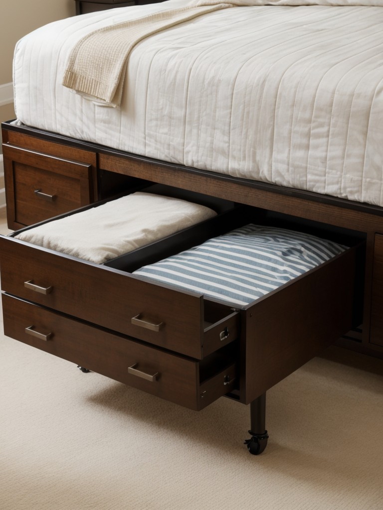 Utilize under-bed storage solutions, like rolling drawers or elevated bed frames with built-in storage.