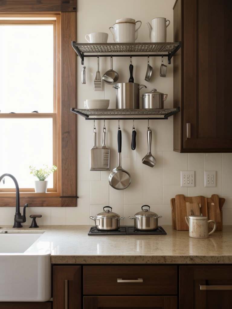 Consider using a hanging pot rack in the kitchen to free up cabinet space and add a decorative element to the room.