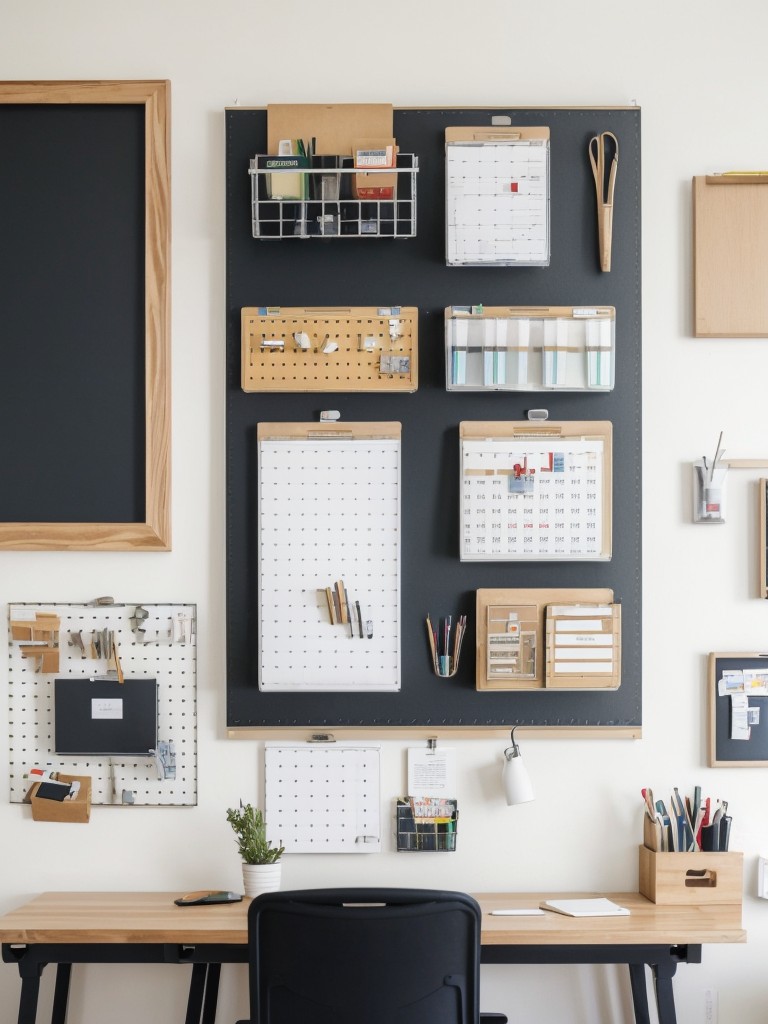 Hang a pegboard or modular wall system in the home office area to store office supplies, files, or to display inspirational items.
