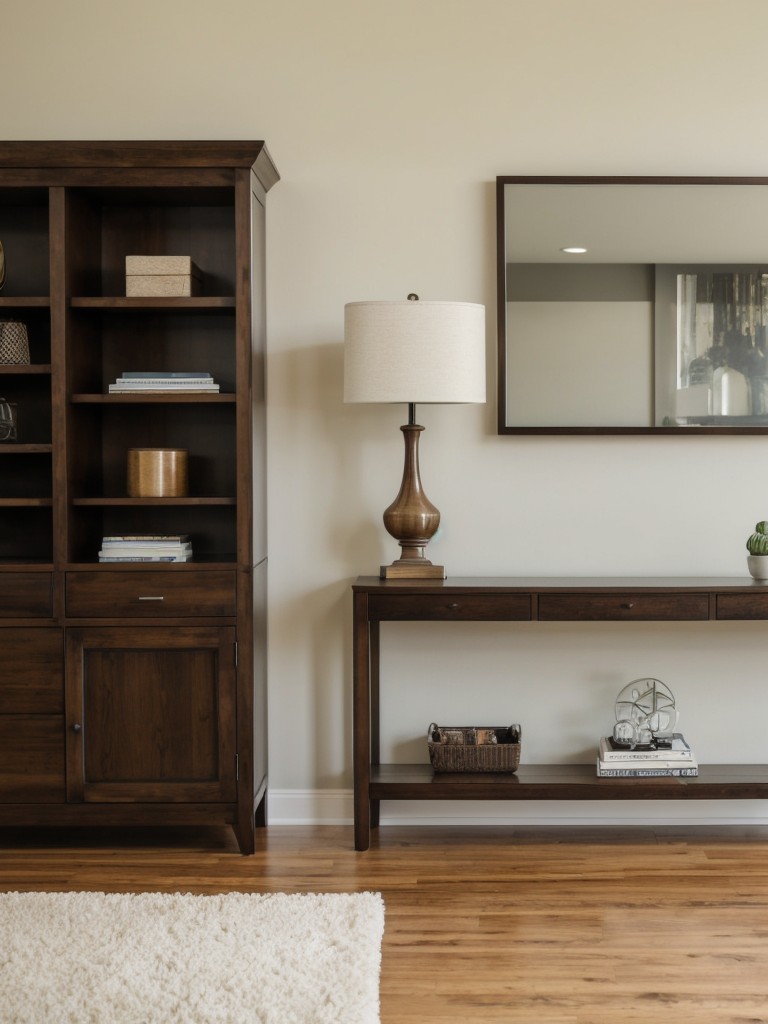 Incorporate a console table with drawers or built-in shelves to provide storage for electronics, remote controls, or other living room essentials.