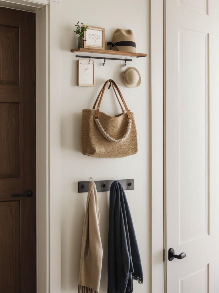 Incorporate hooks or pegs on walls or behind doors to hang items like bags, hats, or scarves for easy access and storage.