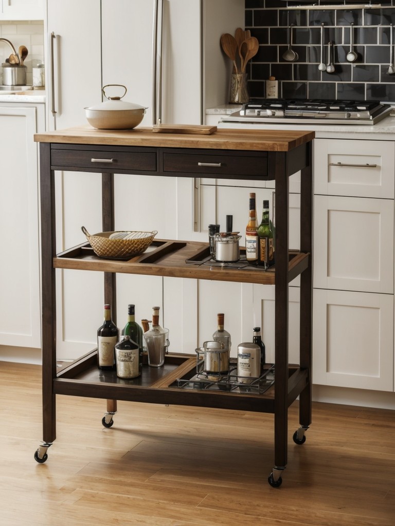 Install a bar cart or kitchen island with built-in storage to provide extra counter space and store items like cookbooks, utensils, or small appliances.
