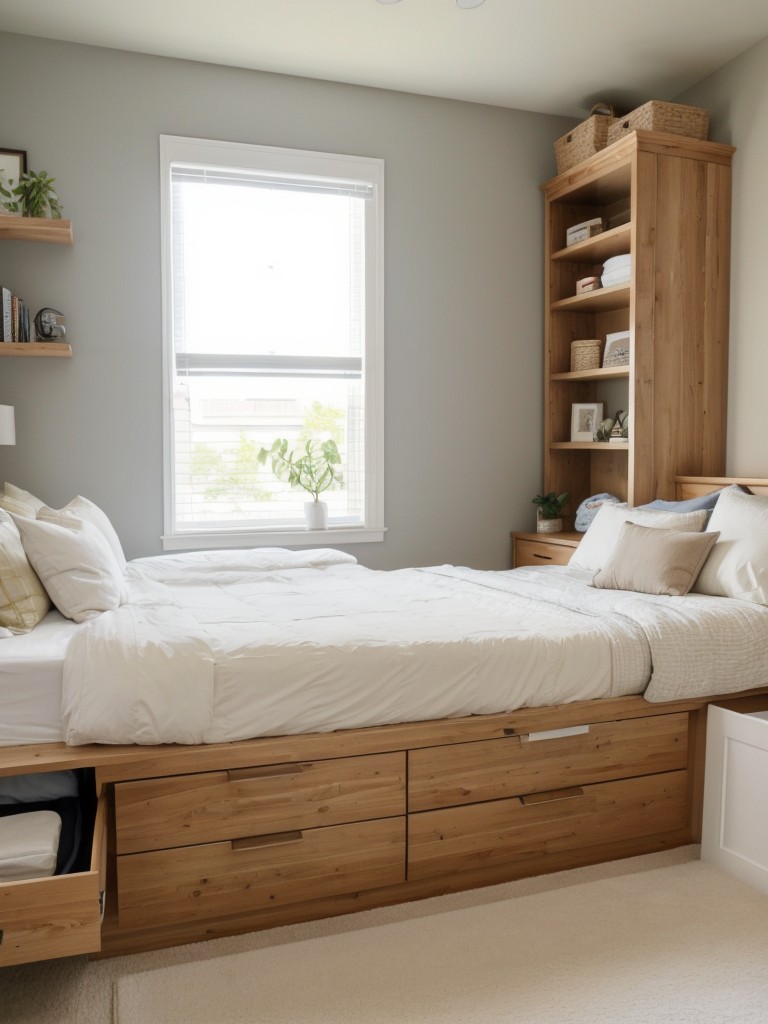 Install a bed frame with built-in drawers or shelves to maximize storage space for items like clothes or extra bedding.