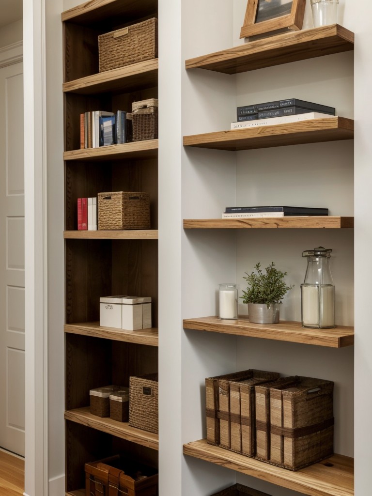 Install wall-mounted shelving or floating shelves to make use of vertical space for storing books, decorative items, or accessories.